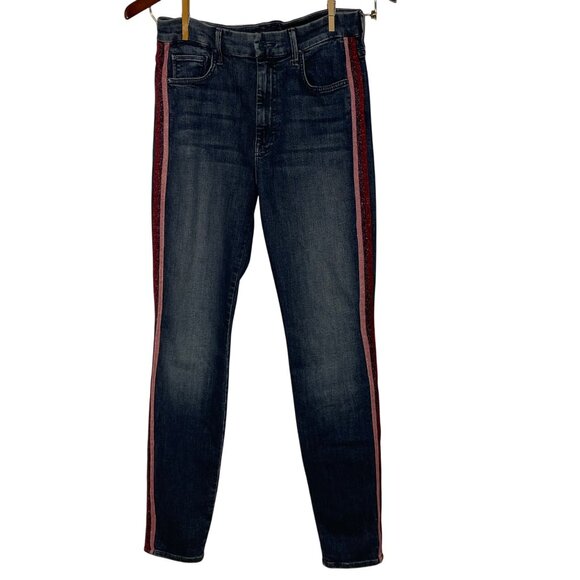 Mother High Waisted Looker Here Kitty Kitty Racer Jeans Blue Red Sz 28  1221-104 - Picture 1 of 12